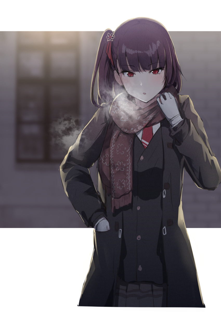 1girl absurdres adjusting_scarf alternate_costume bangs black_coat black_skirt blush breasts breath brown_skirt coat cold day eyebrows_visible_through_hair girls_frontline gloves hair_ribbon highres kagerou_(gigayasoma) large_breasts long_hair looking_at_viewer one_side_up outdoors outside_border pantyhose plaid pleated_skirt purple_hair red_eyes red_scarf ribbon scarf shirt skirt snowflake_print solo very_long_hair wa2000_(girls_frontline) white_gloves