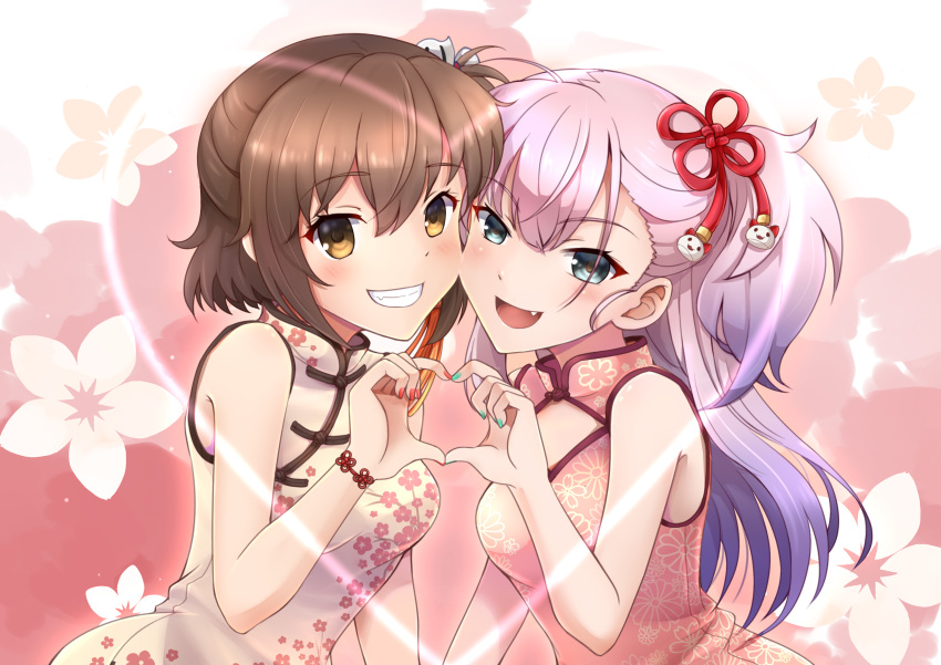 2girls :d absurdres blue_eyes blue_nails blush brown_eyes brown_hair china_dress chinese_clothes cleavage_cutout dress etou_kanami fang floral_print hair_between_eyes hair_ornament heart heart_hands heart_hands_duo highres lavender_hair long_hair looking_at_viewer multiple_girls nail_polish open_mouth pink_background pink_dress red_nails short_hair smile standing toji_no_miko tsubakuro_yume upper_body white_dress wristband
