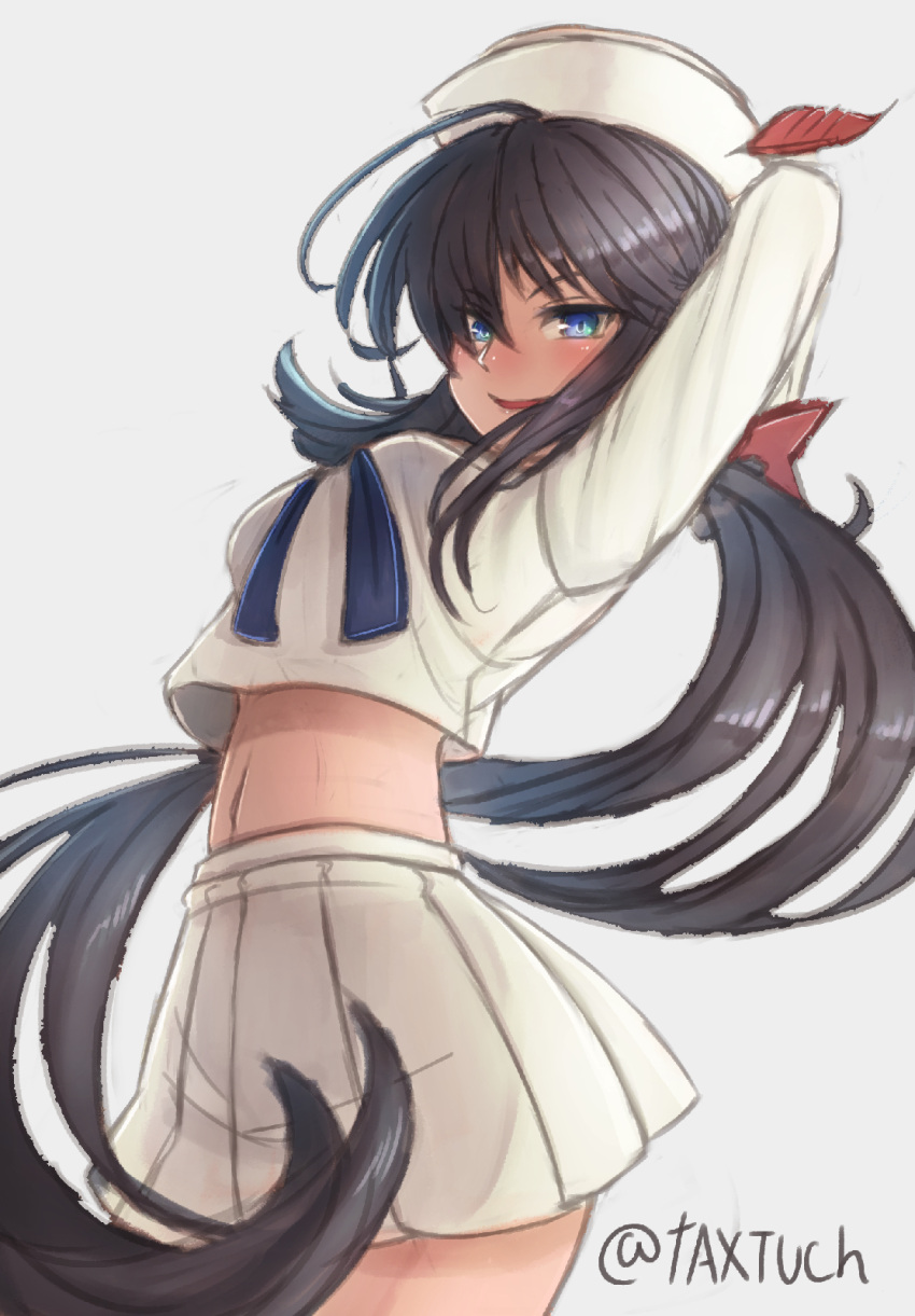 1girl arms_behind_head arms_up bangs black_eyes black_hair blouse bow commentary cowboy_shot dark_skin dixie_cup_hat eyebrows_visible_through_hair girls_und_panzer grey_background hair_bow hair_over_one_eye hat hat_feather highres lips long_hair long_sleeves looking_at_viewer midriff military_hat miniskirt navel navy_blue_neckwear neckerchief ogin_(girls_und_panzer) ooarai_naval_school_uniform open_mouth pleated_skirt ponytail red_bow sailor sailor_collar school_uniform simple_background skirt smile solo standing tacch twitter_username white_blouse white_hat white_skirt