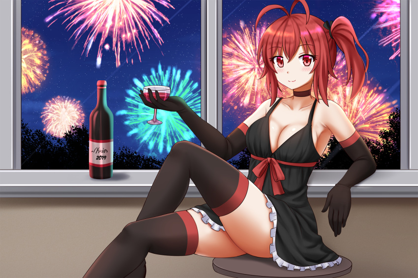 1girl aerial_fireworks alcohol antenna_hair bangs bare_shoulders black_dress blush bottle breasts brown_choker brown_legwear choker cleavage closed_mouth collarbone commentary cup cupping_glass dress drinking_glass elbow_gloves english_commentary eyebrows_visible_through_hair fireworks frilled_dress frills gloves hair_between_eyes highres holding holding_cup kazenokaze legs_crossed medium_breasts night night_sky original red_eyes redhead side_ponytail sidelocks sitting skindentation sky sleeveless sleeveless_dress smile solo star_(sky) starry_sky thigh-highs wine wine_bottle wine_glass