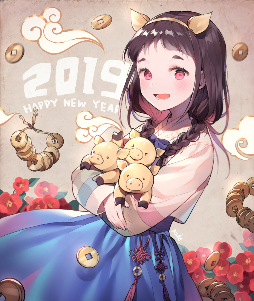 &gt;_&lt; 1girl 2019 :d animal animal_ears animal_hug azit_(down) blue_skirt blush braid brown_hair brown_hairband chinese_zodiac coin commentary english_commentary fake_animal_ears fingernails flower hairband hanbok happy_new_year highres korean_clothes long_hair long_sleeves looking_at_viewer low_twintails new_year open_mouth original pig pig_ears red_eyes red_flower side_braids skirt smile solo twin_braids twintails year_of_the_pig