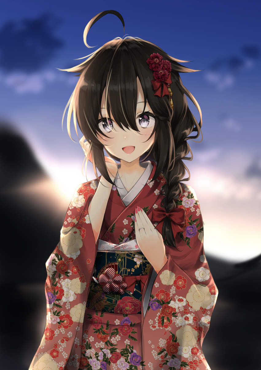 1girl :d absurdres ahoge backlighting bangs black_hair blue_sky blurry blurry_background blush bow braid clouds cloudy_sky commentary_request day depth_of_field floral_print flower furisode grey_eyes hair_between_eyes hair_bow hair_flaps hair_flower hair_ornament hair_over_shoulder hair_ribbon hands_up highres huge_filesize japanese_clothes jewelry kantai_collection kimono long_hair long_sleeves looking_at_viewer nail_polish obi open_mouth pink_nails print_kimono red_bow red_flower red_kimono red_ribbon ribbon ring sash shigure_(kantai_collection) sidelocks single_braid sky smile solo upper_body uzuki_tsukuyo wedding_band wide_sleeves