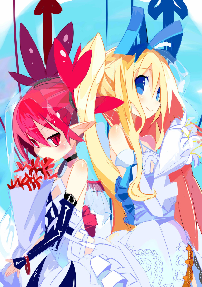 2girls arm_warmers black_neckwear black_sleeves blonde_hair blue_background blue_bow blue_eyes bouquet bow bride choker closed_mouth detached_sleeves disgaea dress etna flonne flower hair_between_eyes hair_bow highres holding holding_bouquet long_hair looking_at_viewer makai_senki_disgaea miyakawa106 multiple_girls pointy_ears red_eyes redhead see-through short_hair side_ponytail smile spider_lily spiky_hair twintails upper_body veil white_dress white_sleeves