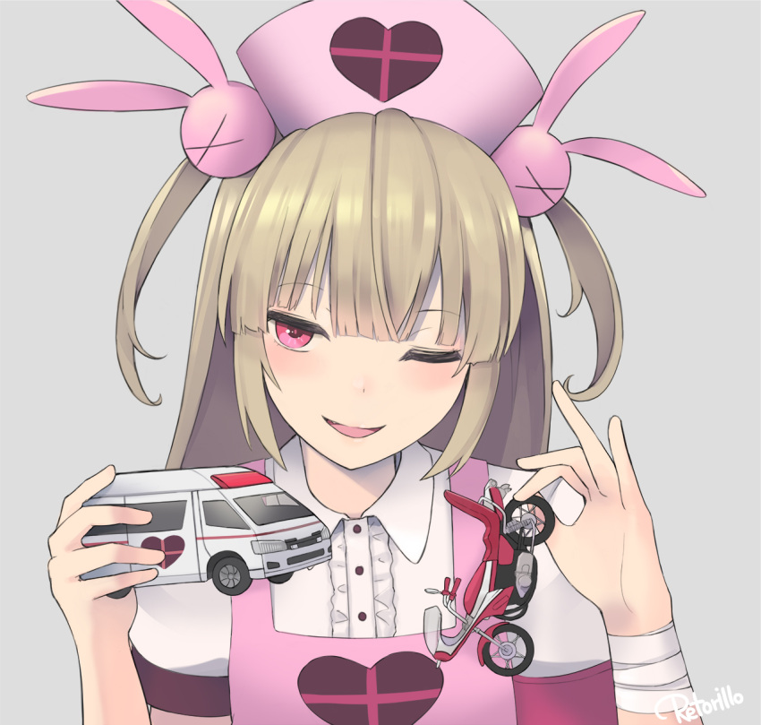 1girl ;d ambulance artist_name bandage bandaged_arm bandages bangs blush brown_hair bunny_hair_ornament buttons collared_shirt commentary_request eyebrows_visible_through_hair frilled_shirt frills grey_background ground_vehicle hair_ornament hands_up hat head_tilt heart highres holding holding_toy long_hair looking_at_viewer motor_vehicle motorcycle natori_sana nurse_cap one_eye_closed open_mouth pink_eyes retorillo sana_channel shirt short_sleeves simple_background smile smug solo toy_car two_side_up upper_body virtual_youtuber white_shirt