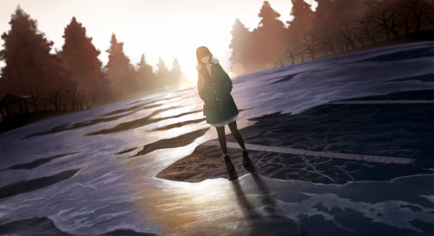 1girl ankle_boots backlighting bangs bare_back black_legwear blunt_bangs boots brown_eyes brown_hair closed_mouth coat commentary_request day dress duffel_coat fur_collar gensuke_(ryun) green_coat hands_in_pockets highres lens_flare long_sleeves looking_at_viewer original outdoors pantyhose scenery shadow short_hair smile solo standing sunlight winter winter_clothes winter_coat
