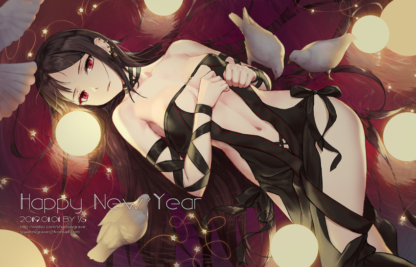 1girl bangs bird black_dress black_hair breasts breasts_apart center_opening choker collarbone consort_yu_(fate) dated dress ear_piercing earrings fate/grand_order fate_(series) happy_new_year highres jewelry legs_crossed long_hair looking_at_viewer lying medium_breasts navel new_year on_back parted_lips piercing red_eyes shadowgrave solo strapless strapless_dress very_long_hair watermark web_address