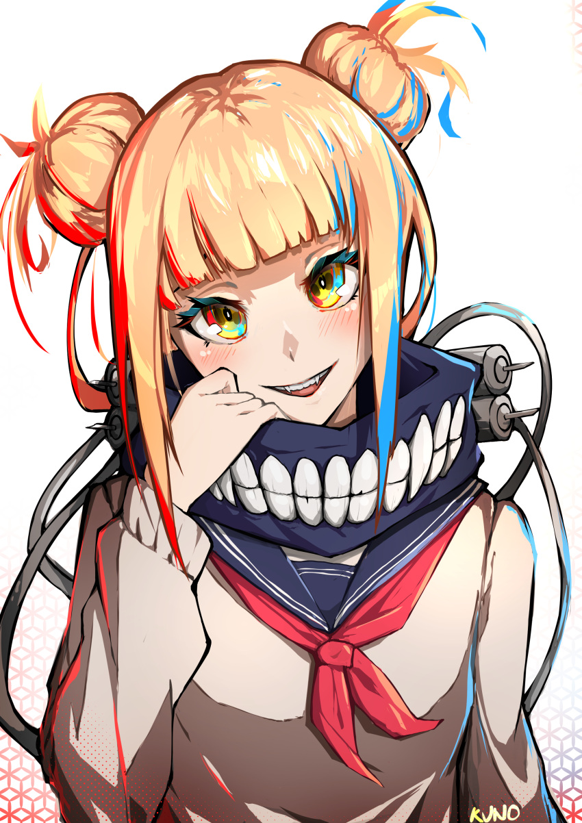 1girl :d absurdres artist_name bangs blonde_hair blue_sailor_collar blunt_bangs boku_no_hero_academia double_bun head_tilt highres kuno_(runkunochan) long_hair long_sleeves looking_at_viewer neckerchief open_mouth red_neckwear sailor_collar shiny shiny_hair simple_background smile solo sweater toga_himiko upper_body white_background white_sweater yellow_eyes