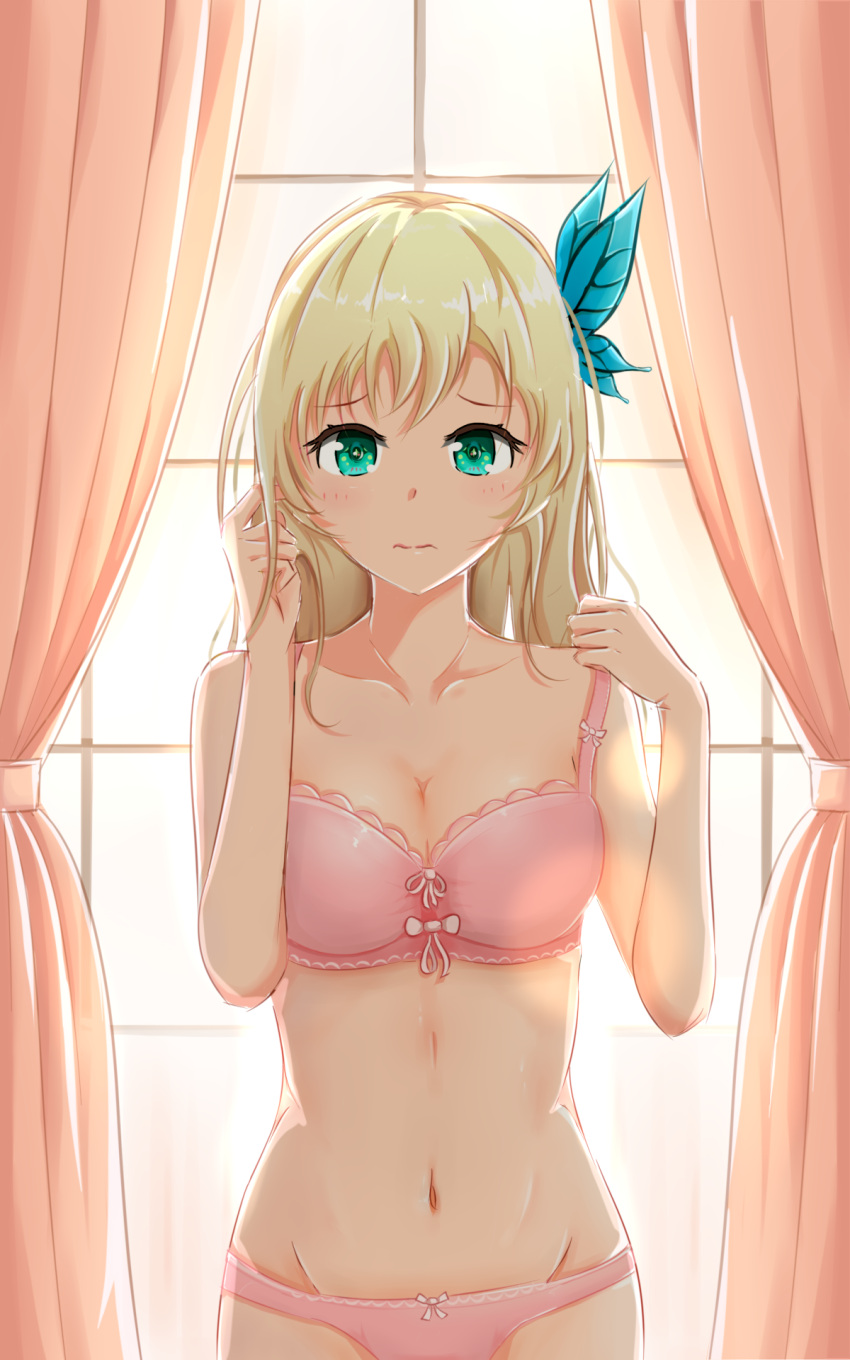 1girl aqua_eyes backlighting bangs blonde_hair boku_wa_tomodachi_ga_sukunai bow bow_bra bow_panties bra bra_pull breasts butterfly_hair_ornament chinese_commentary cleavage closed_mouth collarbone commentary_request curtains eyebrows_visible_through_hair frown groin hair_ornament hand_in_hair highres indoors kashiwazaki_sena lace lace-trimmed_bra light_blush long_hair looking_at_viewer medium_breasts navel nyakon panties pink_bra pink_panties pulled_by_self skindentation solo standing strap_slip underwear underwear_only upper_body window