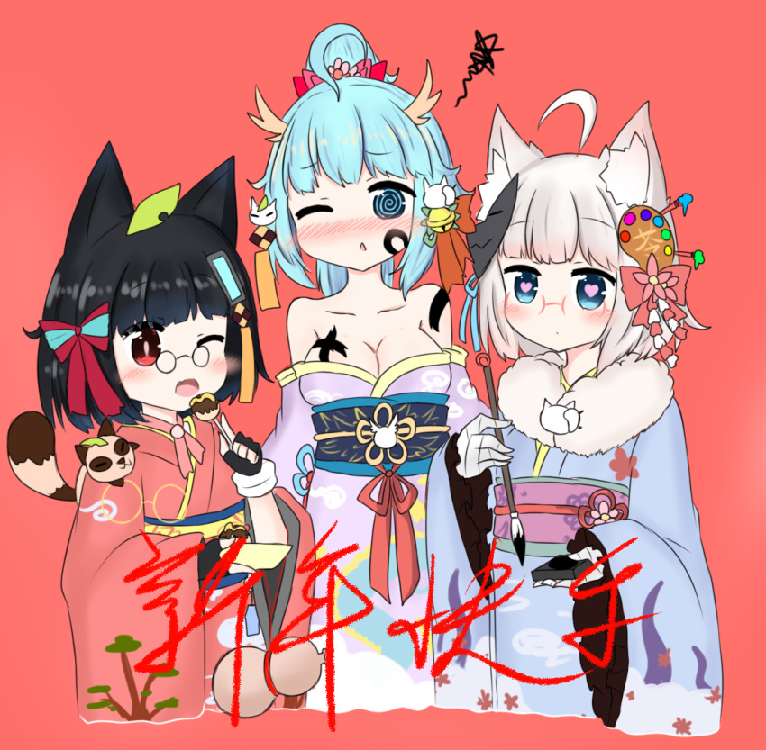 3girls @_@ ahoge animal animal_ear_fluff animal_ears animal_on_shoulder bailingxiao_jiu bandage bandaged_arm bandages bangs black_gloves black_hair blue_eyes blue_hair blue_kimono blush bow breasts chinese cleavage collarbone cropped_torso dragon_horns eyebrows_visible_through_hair facepaint fingerless_gloves food fur_collar gloves gourd hair_bow heart heart-shaped_pupils holding holding_food horns japanese_clothes kimono leaf leaf_on_head long_sleeves mask mask_on_head medium_breasts multiple_girls nose_blush obi off_shoulder one_eye_closed open_mouth original parted_lips purple raccoon_ears red_background red_eyes red_kimono sash silver_hair simple_background sleeves_past_wrists striped striped_bow symbol-shaped_pupils tanuki translated