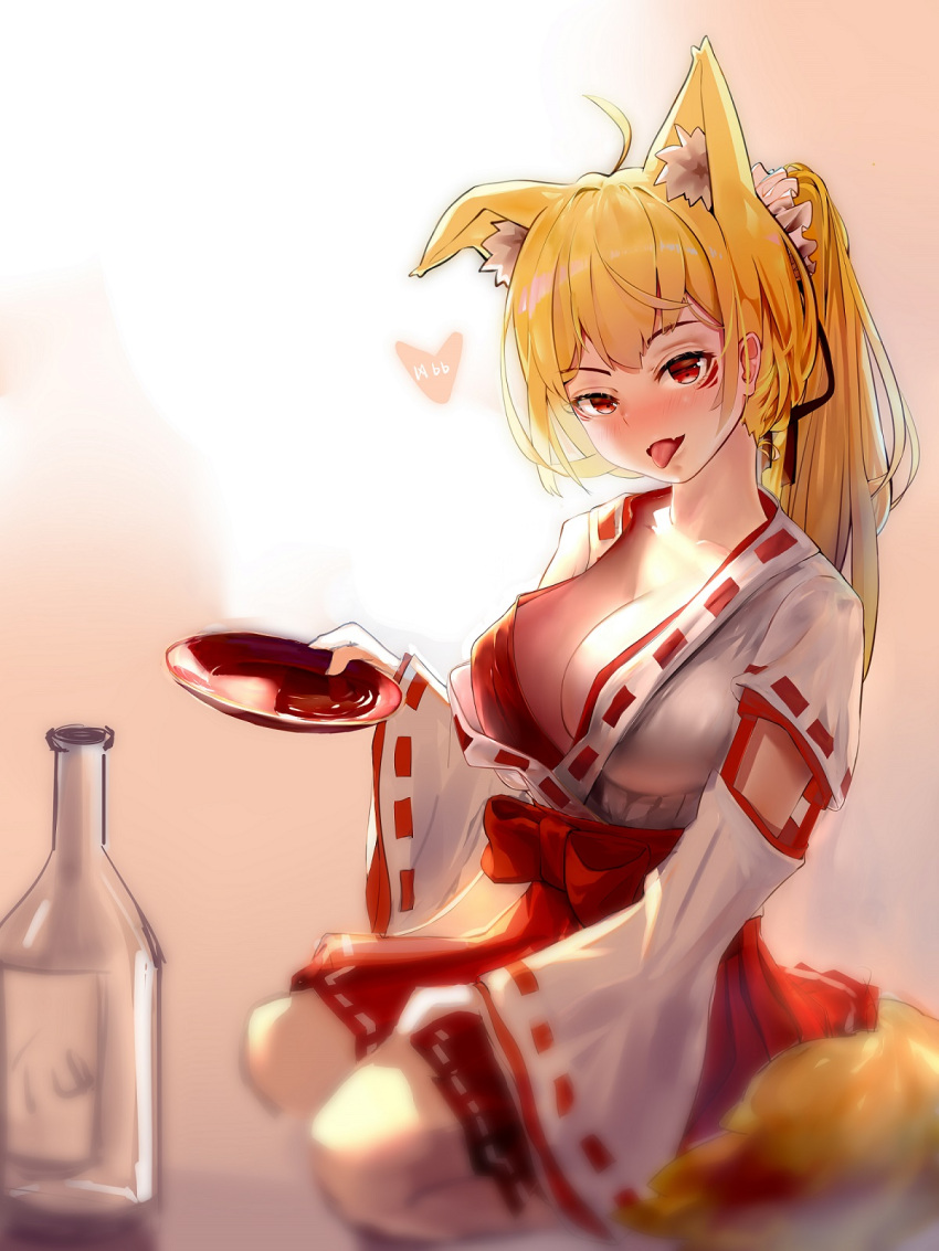 1girl ahoge alcohol animal_ear_fluff animal_ears bangs black_ribbon blonde_hair blush bottle breasts cleavage commentary_request cup detached_sleeves fangs fox_ears fox_tail full_body hair_ornament hair_ribbon hair_scrunchie hakama hakama_skirt hbb head_tilt heart highres holding holding_cup japanese_clothes large_breasts long_hair long_sleeves looking_at_viewer miko open_mouth original pleated_skirt red_eyes red_hakama red_ribbon red_skirt ribbon ribbon-trimmed_sleeves ribbon_trim scrunchie sitting skirt tail tongue tongue_out wariza white_ribbon white_scrunchie wide_sleeves