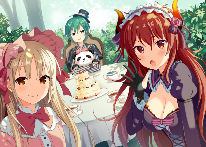 1other 2girls :o androgynous bangs black_gloves black_hat blue_flower blue_rose blue_sky blush bow breasts brown_eyes bush cake cleavage closed_mouth clouds cloudy_sky collared_shirt commentary cup day doora_(nijisanji) dragon_horns eyebrows_visible_through_hair flower food gloves green_hair grey_shirt hair_between_eyes hair_bow hand_up hat hat_flower highres horns juliet_sleeves large_breasts light_brown_hair long_hair long_sleeves mini_hat mini_top_hat multiple_girls nijisanji object_hug open_mouth outdoors parted_lips partly_fingerless_gloves pink_flower pink_rose pink_shirt puffy_sleeves purple_bow purple_shirt red_eyes redhead revision rose ryuushen shirt short_hair sister_cleaire sky smile striped striped_bow striped_shirt stuffed_animal stuffed_panda stuffed_toy table teacup teapot tilted_headwear top_hat tree v-shaped_eyebrows vertical-striped_shirt vertical_stripes very_long_hair virtual_youtuber yuusa