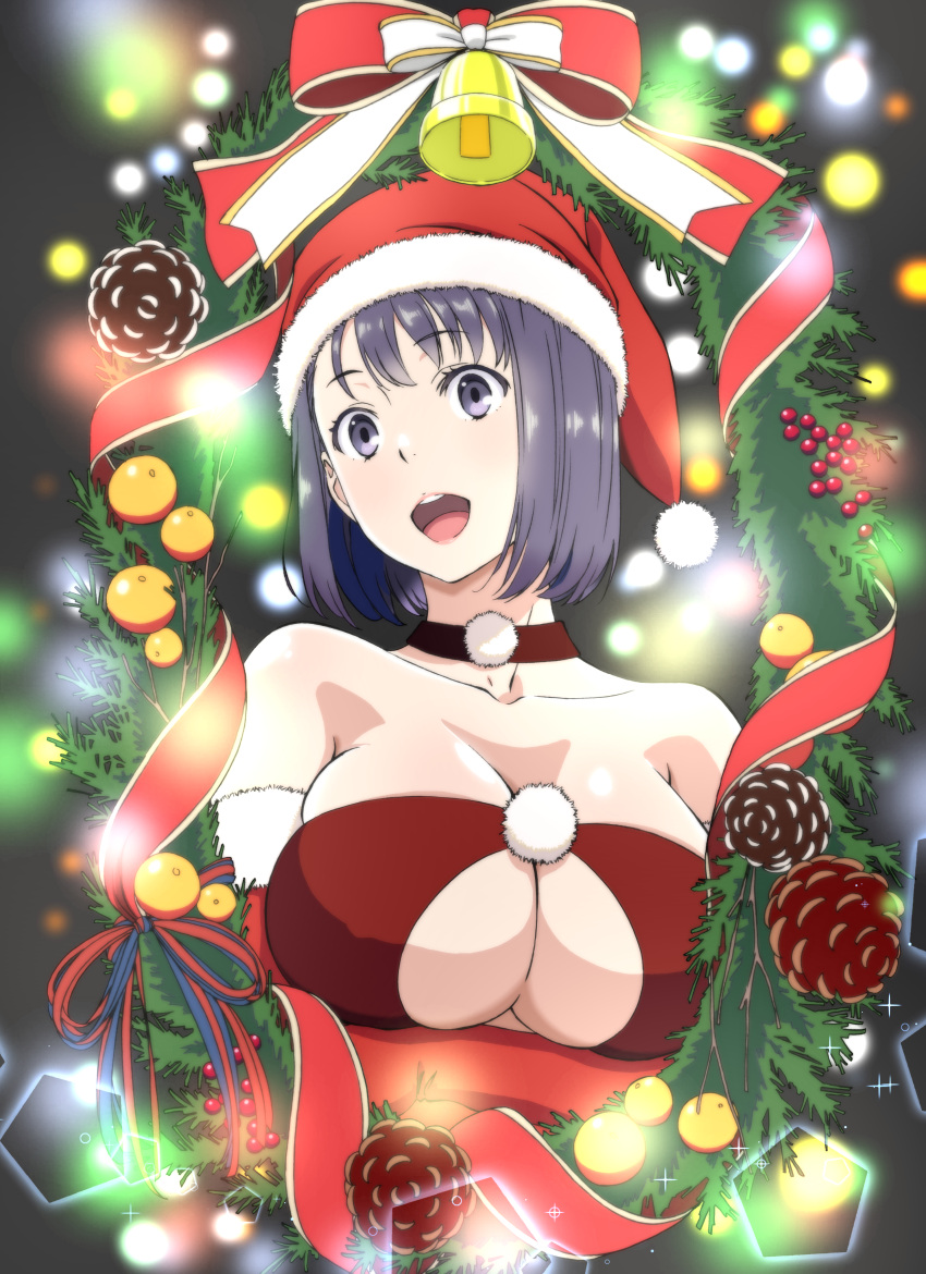 1girl :d absurdres bare_shoulders bell bow breast_hold breasts choker christmas collarbone commentary_request fur-trimmed_gloves fur_trim gloves hat highres jijo_(kakitama) kakitama large_breasts open_mouth original red_choker red_gloves ribbon santa_costume santa_hat short_hair smile solo