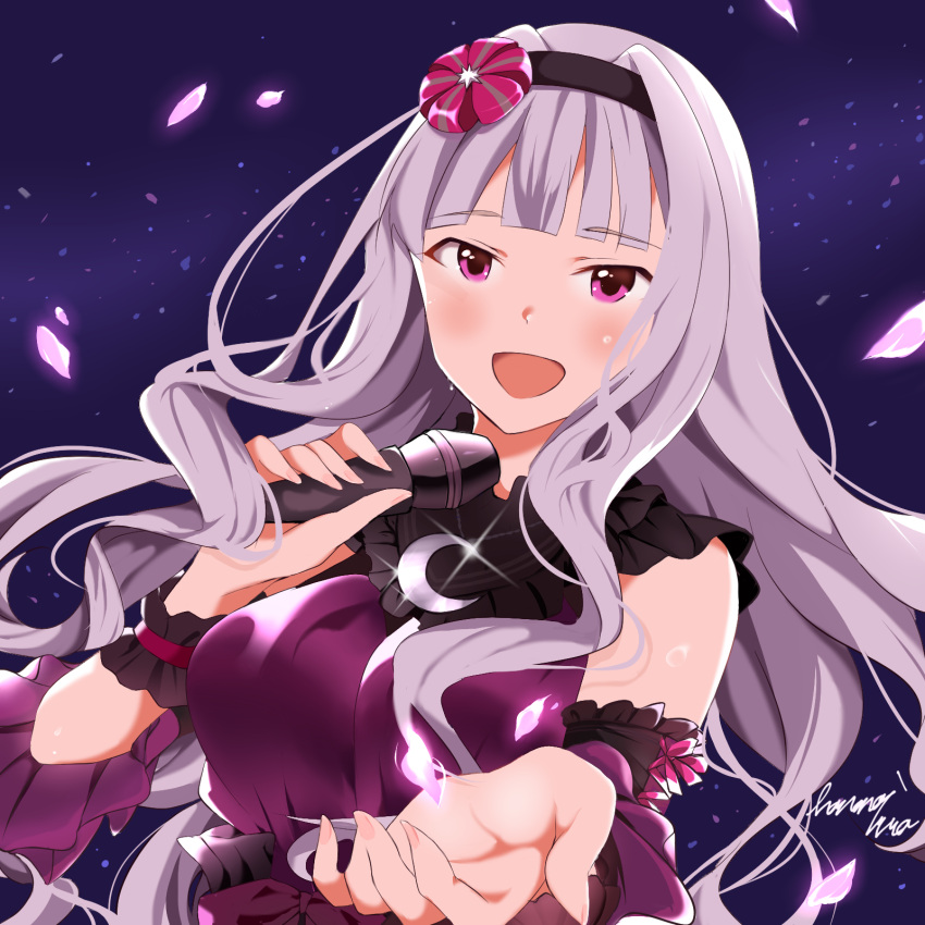 1girl :d black_hairband blush breasts commentary_request detached_sleeves dress fingernails hair_ornament hairband hanawi_nova highres holding holding_microphone idolmaster idolmaster_million_live! idolmaster_million_live!_theater_days large_breasts long_fingernails long_hair looking_at_viewer microphone open_mouth petals purple_dress purple_sleeves shijou_takane silver_hair sleeveless sleeveless_dress smile solo upper_body violet_eyes