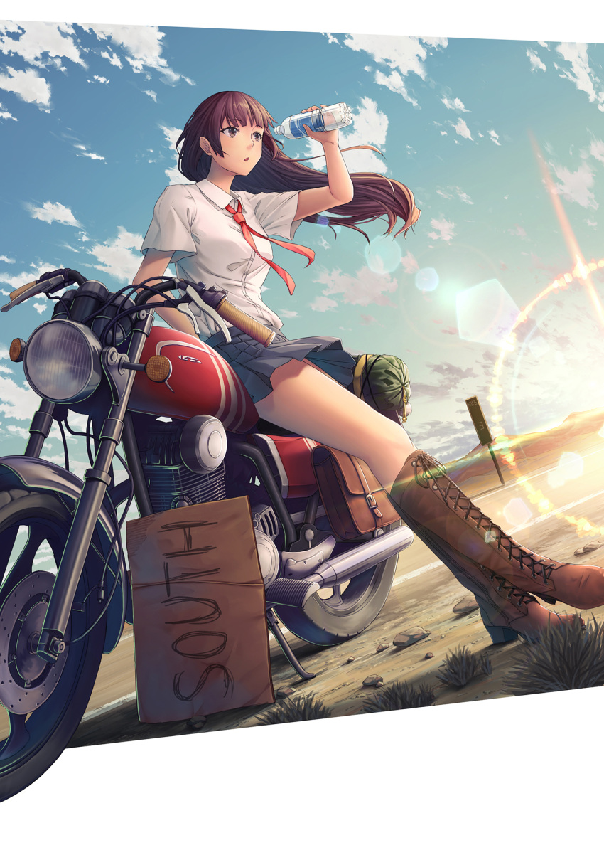 1girl :o bangs blue_skirt bottle brown_footwear brown_hair clouds collared_shirt commentary_request eyebrows_visible_through_hair ground_vehicle highres leaning_on_object lens_flare long_hair motor_vehicle motorcycle original pleated_skirt red_neckwear road road_sign rock school_uniform shirt short_sleeves sign skirt sky sunlight thighs water_bottle weeds white_shirt yumemizuki