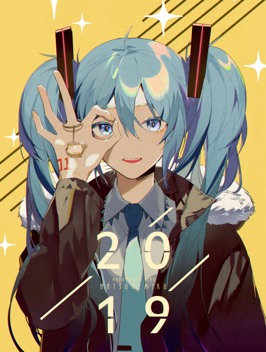 1girl absurdres aqua_eyes aqua_hair arm_up black_jacket collared_shirt commentary fur_collar hair_between_eyes hatsune_miku highres jacket keychain long_hair looking_at_viewer nail_polish necktie ok_sign shirt smile solo tattoo twintails vocaloid yellow_background yellow_nails zhibuji_loom