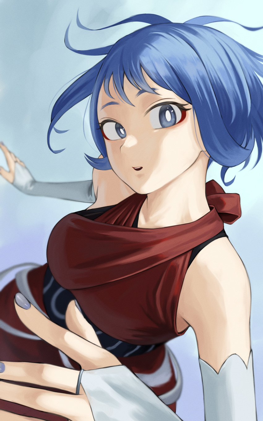1girl absurdres blue_eyes blue_hair blue_nails boku_no_hero_academia dress elbow_gloves fengling_(furin-jp) fingerless_gloves gloves hadou_nejire hands_up highres looking_at_viewer nail_polish official_alternate_hairstyle parted_lips red_dress short_hair sleeveless sleeveless_dress solo