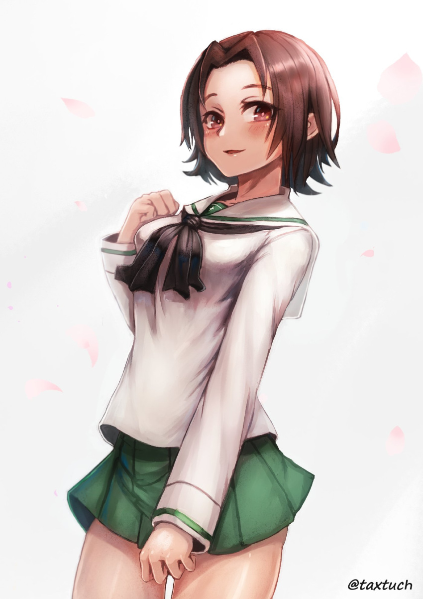1girl bangs black_neckwear blouse brown_eyes brown_hair clenched_hand commentary cowboy_shot girls_und_panzer green_skirt grey_background hand_on_own_chest highres light_blush long_sleeves looking_at_viewer miniskirt neckerchief ooarai_school_uniform parted_bangs parted_lips pleated_skirt sawa_azusa school_uniform serafuku short_hair skirt smile solo standing tacch twitter_username white_blouse