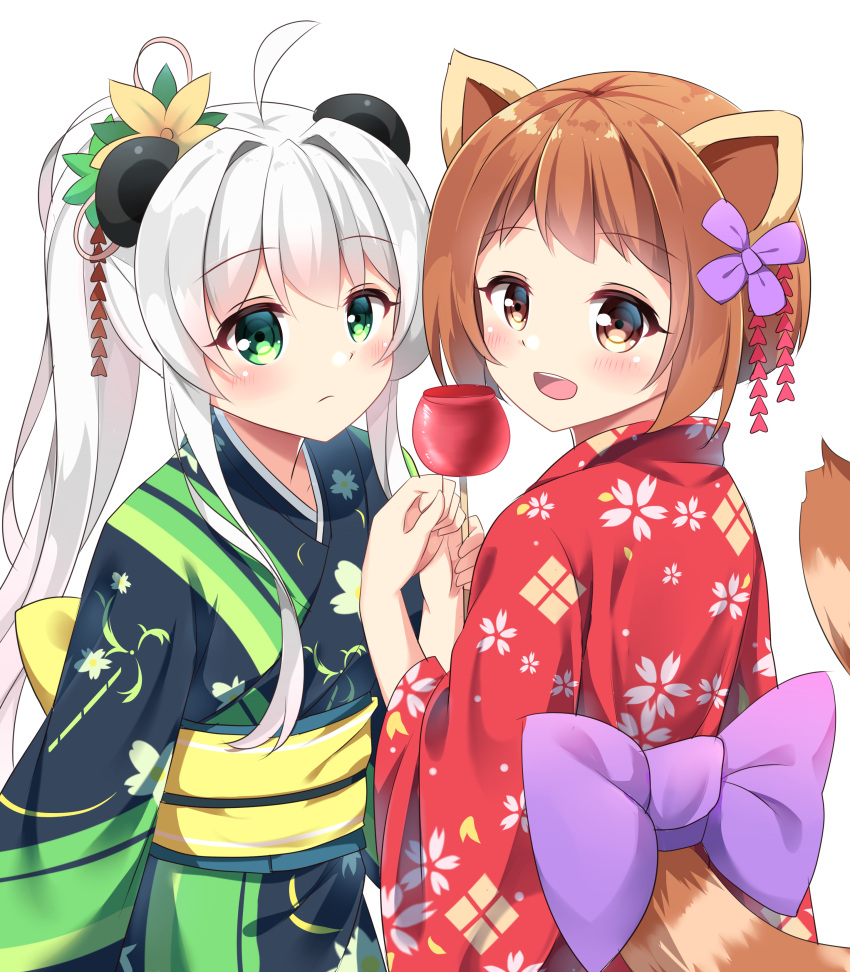 2girls :d absurdres agung_syaeful_anwar ahoge animal_ears bangs black_kimono blush bow brown_eyes brown_hair candy_apple commentary english_commentary eyebrows_visible_through_hair floral_print flower food green_eyes hair_between_eyes hair_flower hair_ornament hand_up happy_new_year highres holding holding_food japanese_clothes kimono long_hair looking_at_viewer looking_to_the_side multiple_girls new_year obi open_mouth original print_kimono purple_bow red_kimono sash sidelocks silver_hair simple_background smile tail_raised very_long_hair white_background yellow_flower yukata