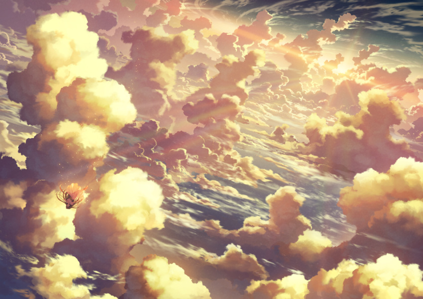 1girl above_clouds black_hair clouds commentary_request facing_viewer falling floating_hair kami_(yoshipt0716) light_particles light_rays long_hair negative_space original scenery sky sun upside-down