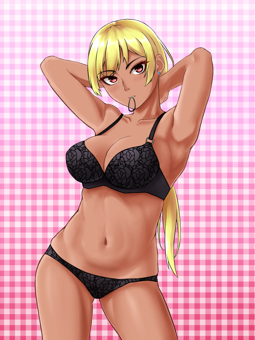 1girl armpits arms_behind_head arms_up bangs black_bra black_panties blonde_hair blue_earrings bra breasts closed_mouth collarbone commentary_request contrapposto cowboy_shot dark_skin eyebrows_visible_through_hair floral_print frown gluteal_fold gyaru hair_tie_in_mouth head_tilt highres kogal long_hair looking_at_viewer medium_breasts mouth_hold mutsuki_(mutsuki0110) navel original panties pink_background plaid plaid_background ponytail print_bra print_panties red_eyes skindentation solo standing thighs underwear underwear_only