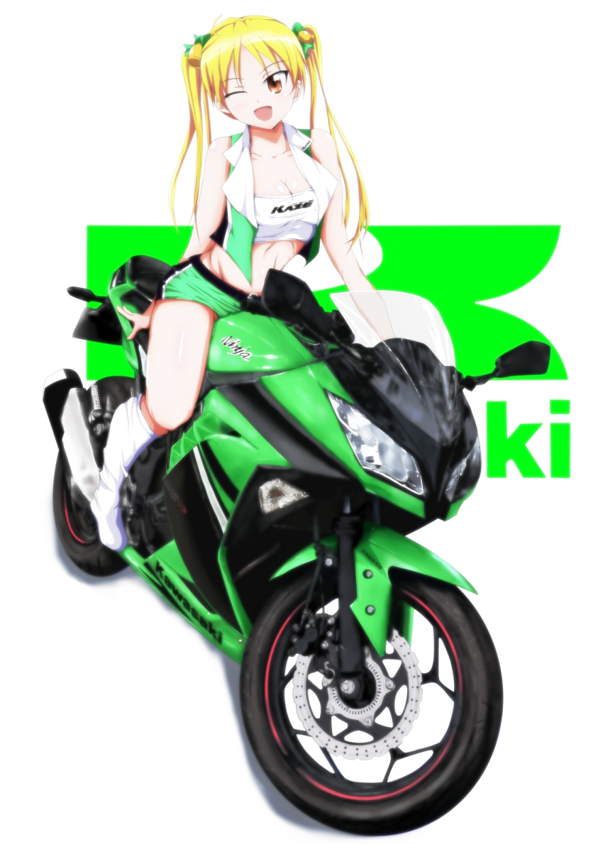 1girl ;d bakuon!! bell blonde_hair breasts brown_eyes cleavage commentary full_body ground_vehicle hair_bell hair_ornament highres kawasaki_ninja_250sl large_breasts long_hair looking_at_viewer mable midriff motor_vehicle motorcycle one_eye_closed open_mouth racequeen smile solo suzunoki_rin twintails white_background