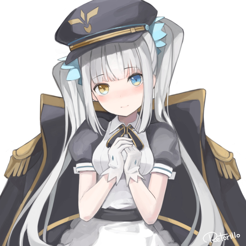 1girl apron artist_name bangs black_coat black_dress black_hat black_neckwear blue_eyes blue_ribbon blush breasts closed_mouth collared_dress dress epaulettes eyebrows_visible_through_hair frilled_apron frills gloves hair_ribbon hands_together hands_up hat head_tilt heterochromia highres jacket_on_shoulders kagura_mea kagura_mea_channel light_smile long_hair looking_at_viewer neck_ribbon peaked_cap puffy_short_sleeves puffy_sleeves retorillo ribbon short_sleeves sidelocks silver_hair simple_background small_breasts solo twintails upper_body very_long_hair virtual_youtuber white_apron white_background white_gloves yellow_eyes