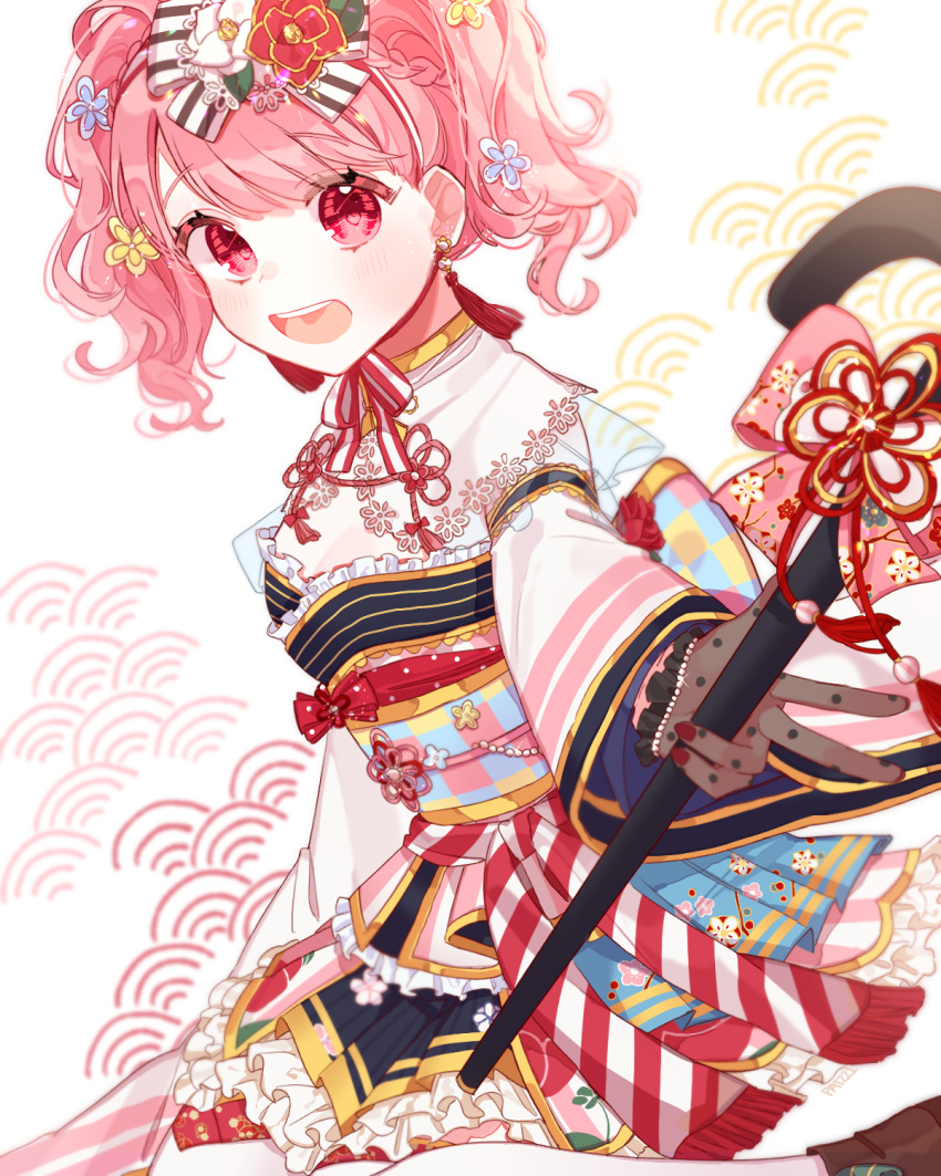 1girl :d bang_dream! bangs black_gloves blue_flower blush bow checkered chin_strap commentary_request dress floral_print flower flower_knot frilled_dress frilled_gloves frills gloves hair_bow hair_flower hair_ornament highres holding holding_staff long_sleeves looking_at_viewer maruyama_aya multicolored obi open_mouth outstretched_arm overskirt patzzi pink_bow pink_eyes pink_hair polka_dot_gloves print_bow red_flower ribbon sash smile solo staff striped striped_bow striped_ribbon tassel_earrings twintails v white_flower yellow_flower