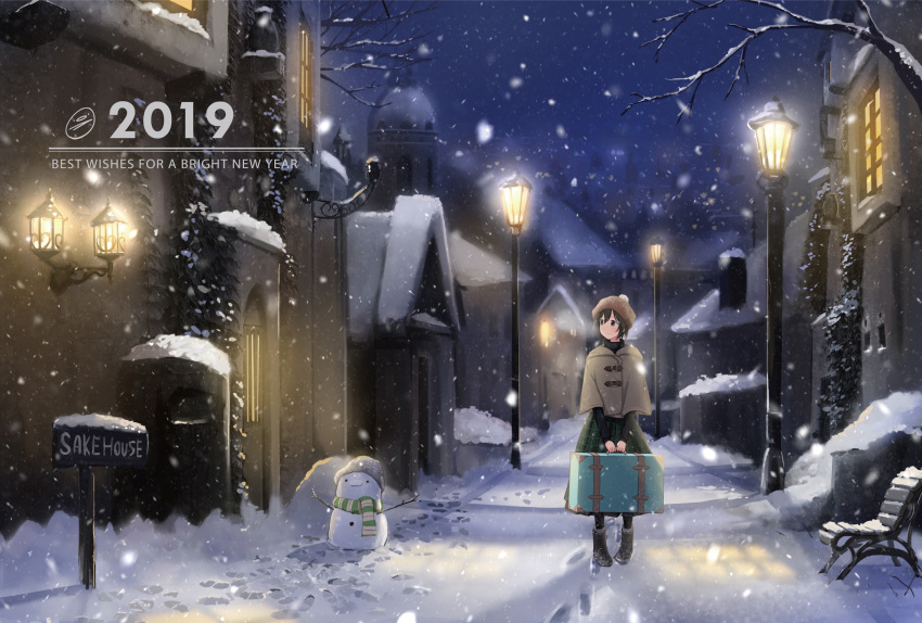 1girl 2019 bag bangs bare_tree beanie bench black_eyes black_hair black_legwear black_sweater boots building chimney commentary_request english_text footprints green_skirt grey_coat hat highres holding holding_bag house lamppost long_sleeves night night_sky original outdoors park_bench plaid plaid_skirt sakeharasu scenery short_hair sidelocks sign skirt sky snow snowing snowman solo suitcase sweater town tree turtleneck turtleneck_sweater v_arms walking wide_shot wide_sleeves window winter winter_clothes
