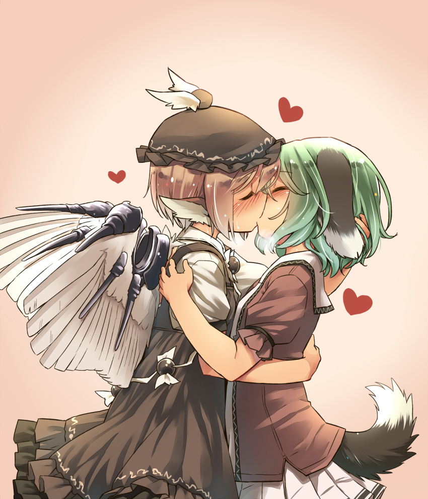 2girls animal_ears arm_around_neck beige_background bird_wings blush brown_dress brown_hair brown_hat brown_shirt closed_eyes dress from_side gradient gradient_background green_hair hand_on_another's_shoulder hat heart heavy_breathing highres hug kasodani_kyouko kiss miniskirt multiple_girls mystia_lorelei pleated_skirt puffy_short_sleeves puffy_sleeves shirt short_hair short_sleeves skirt sweat tail touhou white_shirt wings yudepii yuri