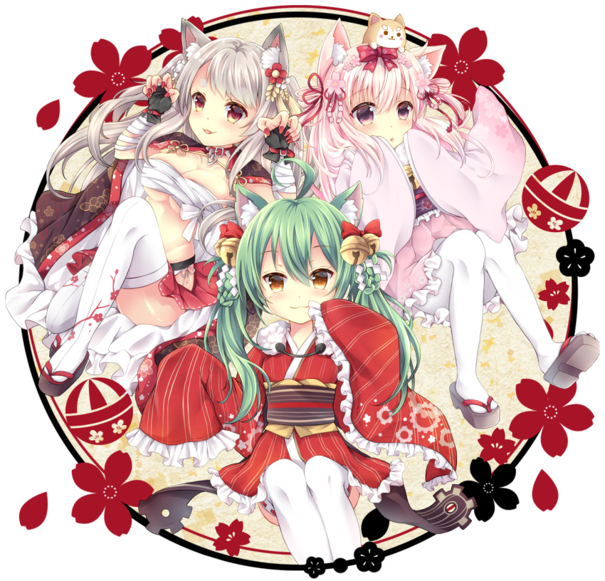 3girls ahoge akashi_(azur_lane) animal_ears arms_up azur_lane bandage bell black_gloves bow breasts brown_eyes cat_ears cleavage commentary_request fingerless_gloves flower gloves green_hair hair_bow hair_flower hair_ornament hand_to_own_mouth highres japanese_clothes jingle_bell kimono kisaragi_(azur_lane) long_hair maya_(tirolpop) miniskirt multiple_girls new_year obi open_clothes open_kimono open_mouth pantyhose paw_pose pink_eyes pink_hair pink_kimono red_eyes red_kimono red_skirt ribbon sandals sarashi sash short_kimono silver_hair sitting skirt sleeves_past_wrists smile thigh-highs white_legwear yuudachi_(azur_lane)