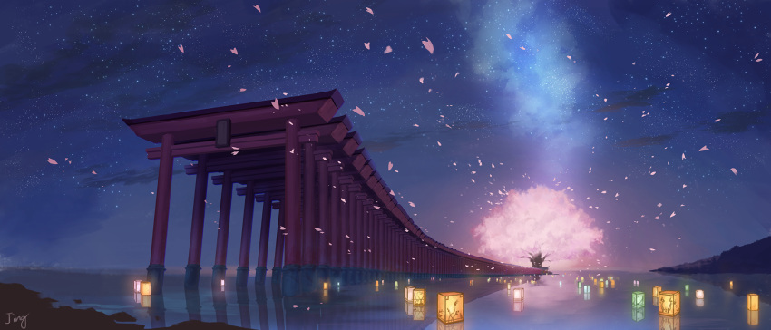 afloat afloat_lantern artist_name cherry_blossoms clouds commentary_request fantasy highres horizon jing_(jiunn1985matw) lantern leaves_in_wind milky_way night night_sky no_humans ocean original outdoors scenery sky star_(sky) starry_sky torii tree water