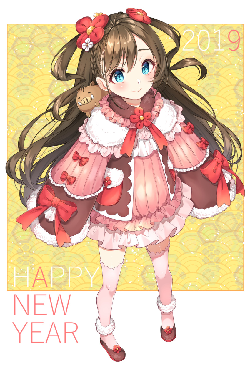 1girl 2019 animal bangs blue_eyes blush brown_footwear brown_hair chinese_zodiac chitetan closed_mouth commentary_request dress eyebrows_visible_through_hair flower full_body fur-trimmed_sleeves fur_trim hair_between_eyes hair_flower hair_ornament happy_new_year highres long_hair long_sleeves looking_at_viewer nengajou new_year original pig pink_dress pink_legwear red_flower sleeves_past_fingers sleeves_past_wrists smile solo standing thigh-highs two_side_up very_long_hair white_flower wide_sleeves year_of_the_pig