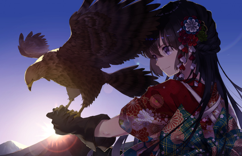 1girl animal backlighting bangs bird black_gloves black_hair blue_sky braid closed_mouth commentary_request day eagle floral_print flower gloves green_ribbon hair_between_eyes hair_flower hair_ornament highres japanese_clothes kanzashi kimono kusaka_kou long_hair looking_to_the_side mountain original outdoors print_kimono rainbow red_flower red_kimono ribbon short_sleeves sidelocks sky smile solo sunlight sunrise upper_body violet_eyes