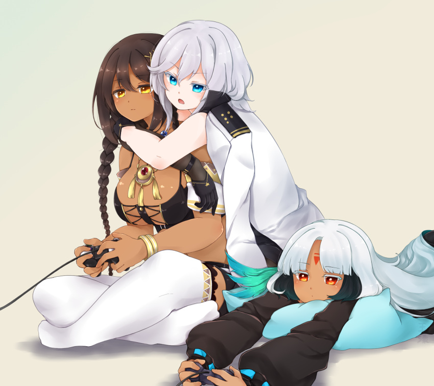 3girls azur_lane black_gloves blue_eyes braid breasts brown_hair colored_eyelashes controller dark_skin facial_mark forehead_mark game_controller gloves highres hug hug_from_behind indian_style jacket_on_shoulders kanda_(kvzs4332) large_breasts long_hair lying massachusetts_(azur_lane) multicolored_hair multiple_girls native_american on_stomach playing_games red_eyes short_hair silver_hair sitting south_dakota_(azur_lane) streaked_hair thigh-highs washington_(azur_lane) white_hair white_legwear yellow_eyes