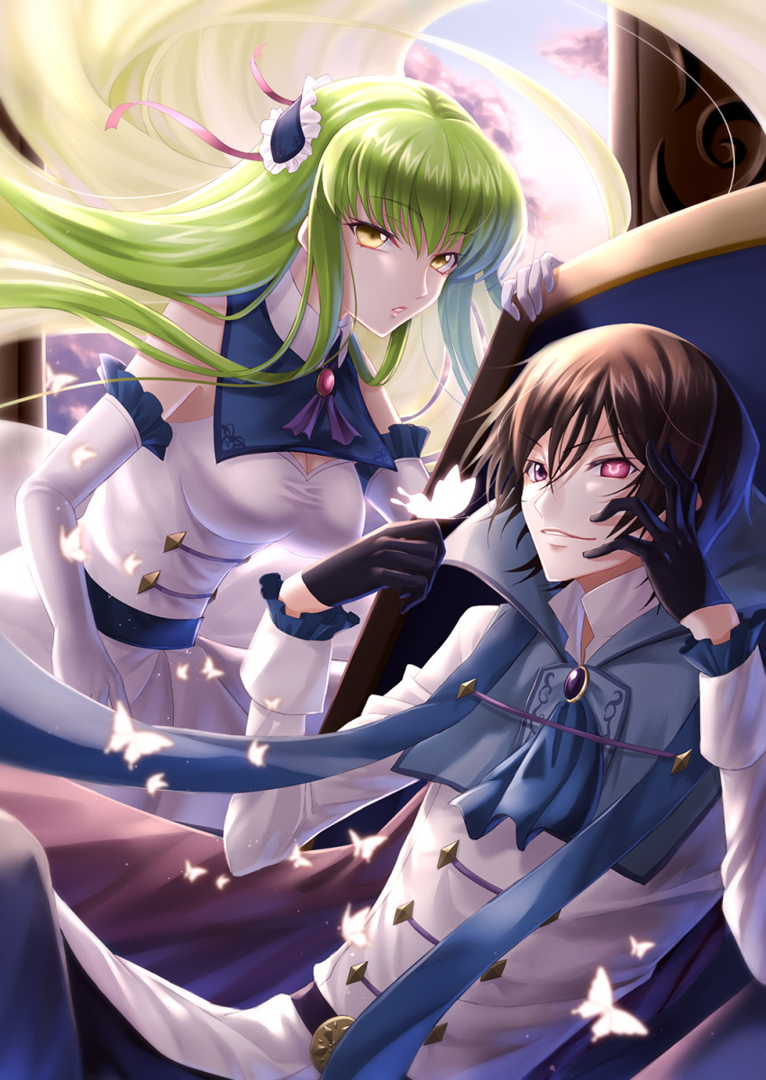 1boy 1girl ascot bangs black_gloves black_hair blue_neckwear blue_pants breasts brown_hair bug butterfly c.c. cleavage code_geass dress elbow_gloves eyebrows_visible_through_hair floating_hair frilled_gloves frills geass gloves green_hair hair_ornament hair_ribbon highres insect leaning_forward legs_crossed lelouch_lamperouge long_hair medium_breasts pants parted_lips pink_ribbon ribbon shiny shiny_hair sitting sleeveless sleeveless_dress sumomo7317 very_long_hair violet_eyes white_dress white_gloves yellow_eyes