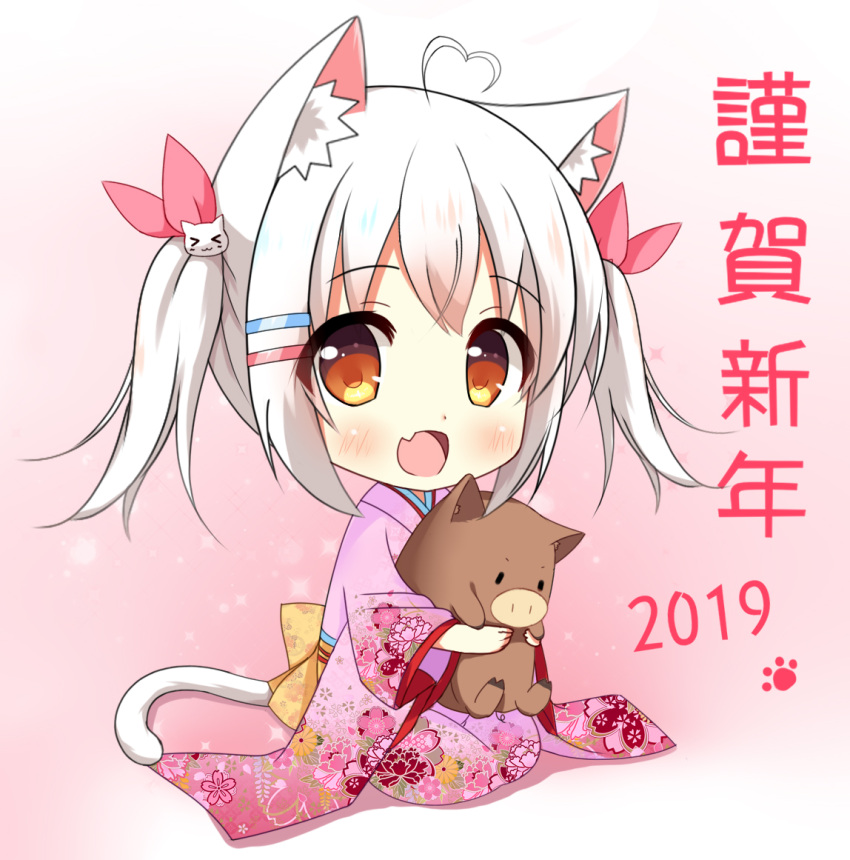 &gt;_&lt; 1girl 2019 :d ahoge animal animal_ears animal_hug bangs blush brown_eyes cat_ears cat_girl cat_hair_ornament cat_tail chibi chinese_zodiac commentary_request eyebrows_visible_through_hair fang floral_print full_body hair_between_eyes hair_ornament hair_ribbon hairclip happy_new_year heart_ahoge japanese_clothes kimono long_sleeves looking_at_viewer new_year open_mouth original pig pink_kimono pink_ribbon print_kimono ribbon seiza sidelocks silver_hair sitting smile solo tail translated twintails wide_sleeves xiaosamiao year_of_the_pig