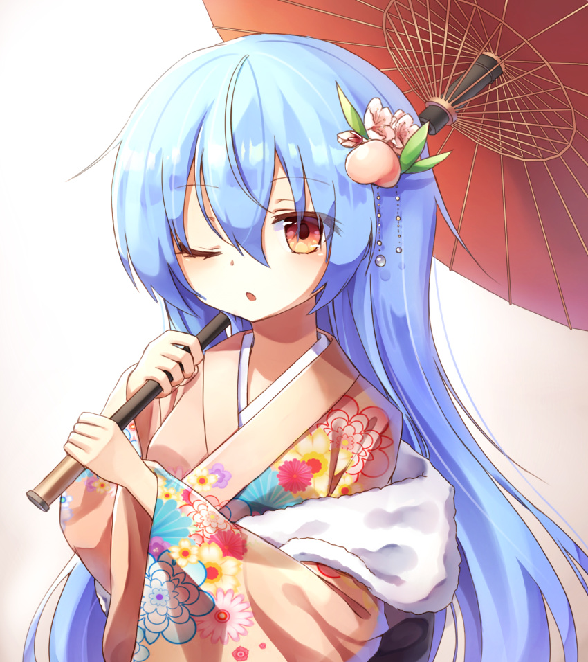 1girl :o alternate_costume breasts floral_print flower food_themed_hair_ornament fur_collar hair_between_eyes hair_flower hair_ornament highres hinanawi_tenshi holding holding_umbrella japanese_clothes kimono leaf leaf_hair_ornament light_blue_hair long_hair looking_at_viewer no_hat no_headwear one_eye_closed oriental_umbrella peach_blossom peach_hair_ornament pink_kimono print_kimono pudding_(skymint_028) red_eyes simple_background small_breasts solo touhou umbrella upper_body very_long_hair white_background
