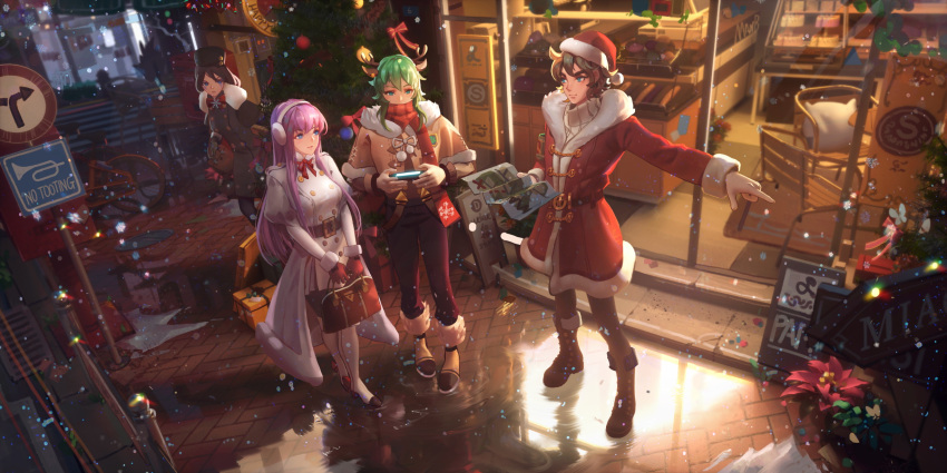 1boy 3girls antlers bangs bicycle black_hair black_legwear blue_eyes boots bow box brown_hair christmas_tree closed_mouth earmuffs fur_trim gift gift_box gloves green_eyes green_hair ground_vehicle handheld_game_console hat highres horns ibara_dance kido_saori leo_aiolia long_hair map multiple_girls night ophiuchus_shaina outdoors pandora_(saint_seiya) pink_hair pointing puddle red_bow red_gloves ribbed_sweater road_sign saint_seiya santa_costume santa_hat shop sign snowing standing sweater walking white_gloves window