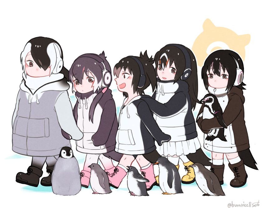 5girls :d bird bird_tail black_hair boots brown_eyes commentary_request drawstring emperor_penguin_(kemono_friends) gentoo_penguin_(kemono_friends) grape-kun hair_over_one_eye hand_on_another's_shoulder headphones hood hood_down hoodie humboldt_penguin_(kemono_friends) kemono_friends long_hair low_twintails multicolored_hair multiple_girls open_mouth orange_hair penguin pink_hair rockhopper_penguin_(kemono_friends) royal_penguin_(kemono_friends) seto_(harunadragon) short_hair simple_background smile twintails twitter_username walking white_hair younger
