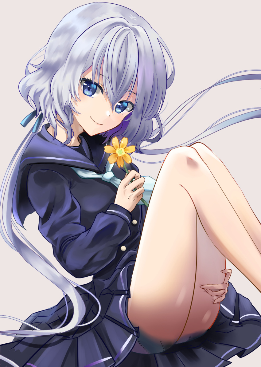 1girl black_serafuku black_skirt blue_eyes closed_mouth commentary_request eyebrows_visible_through_hair flower grey_background hair_between_eyes highres holding holding_flower inamori_(inari00000) konno_junko long_hair long_sleeves looking_at_viewer low_twintails scar school_uniform serafuku silver_hair simple_background sitting skirt smile solo twintails zombie_land_saga
