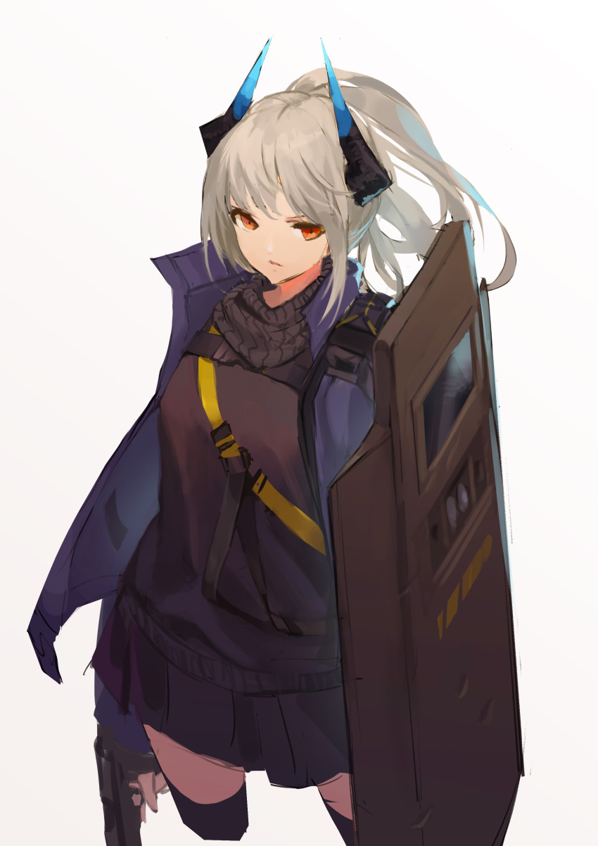 1girl absurdres arknights bangs black_legwear black_skirt black_sweater blue_jacket closed_mouth commentary_request cropped_legs grey_hair gun high_ponytail highres holding holding_gun holding_weapon horns jacket liskarm_(arknights) long_hair looking_at_viewer open_clothes open_jacket pleated_skirt ponytail red_eyes riot_shield sketch skirt solo storia sweater thigh-highs weapon weapon_request