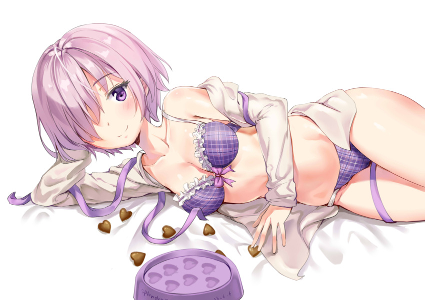 1girl absurdres artist_name bangs blush bow bow_bra bra breasts chocolate chocolate_heart closed_mouth clouds cloudy_sky collarbone commentary_request dated eyebrows_visible_through_hair frilled_bra frills hair_over_one_eye head_rest heart highres lavender_hair long_sleeves lying medium_breasts no_pants off_shoulder on_side open_clothes open_shirt original panties plaid plaid_bra purple_bra purple_panties purple_ribbon ribbon shirt short_hair sky smile solo splendour string_panties thighs underwear violet_eyes white_shirt