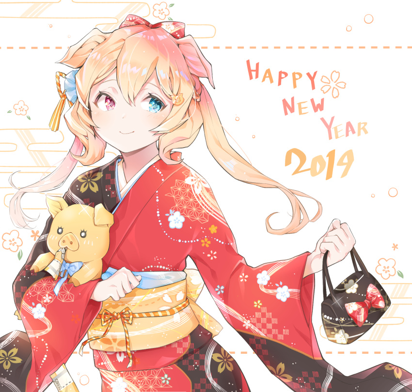 1girl animal animal_ears animal_hug bag bangs black_kimono blonde_hair blue_eyes blush bow chinese_zodiac closed_mouth commentary_request cpqm egasumi eyebrows_visible_through_hair floral_print hair_between_eyes hair_bow handbag happy_new_year heterochromia highres holding holding_bag japanese_clothes kimono long_hair long_sleeves multicolored multicolored_clothes multicolored_kimono nengajou new_year obi original pig pig_ears print_kimono red_bow red_eyes red_kimono sash smile solo twintails wide_sleeves year_of_the_pig