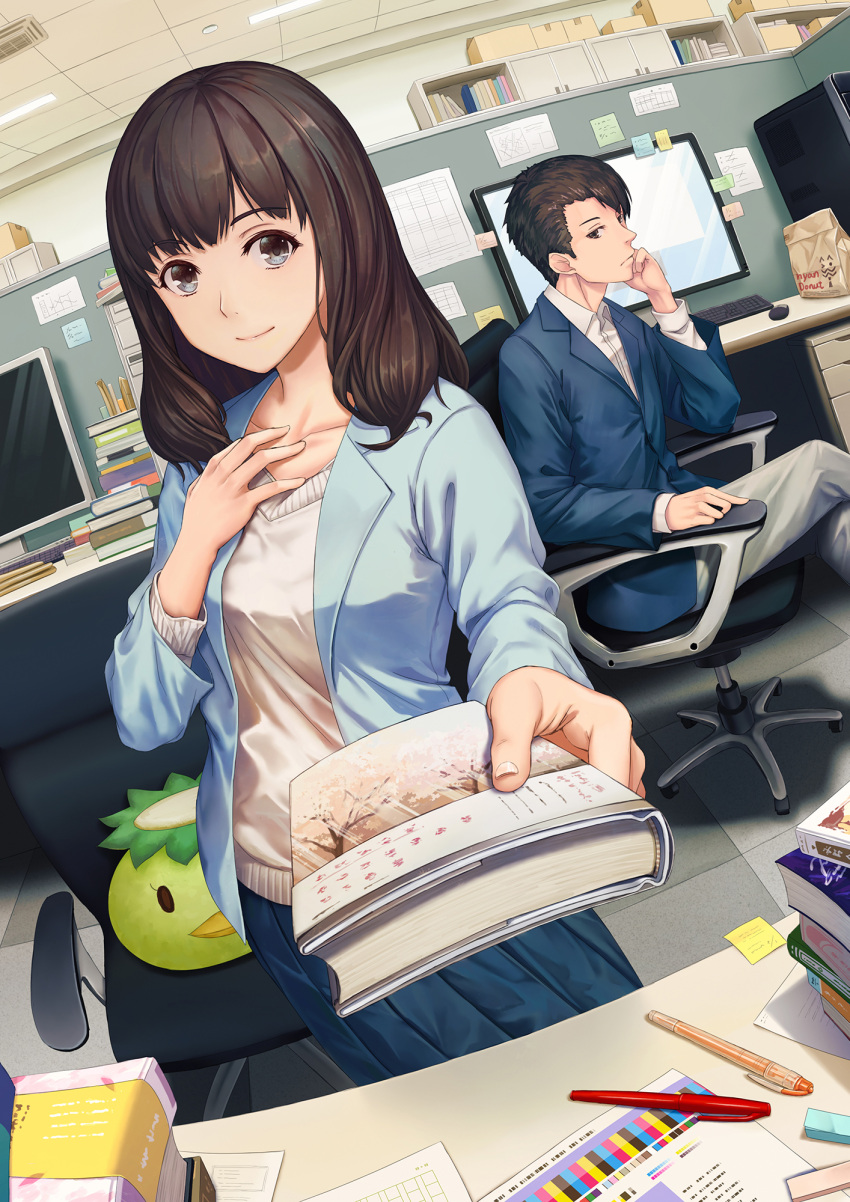 1boy 1girl bag black_eyes blazer book box brown_hair cabinet cardboard_box ceiling cherry_blossoms collarbone desk dutch_angle frown hand_on_own_chest head_rest highres holding holding_book indoors jacket jealous kappa keyboard legs_crossed lips looking_at_viewer medium_hair monitor office office_lady original outstretched_arm paper_bag pen pillow pov shelf short_hair sitting skirt smile sticky_note sweater_under_jacket yumemizuki