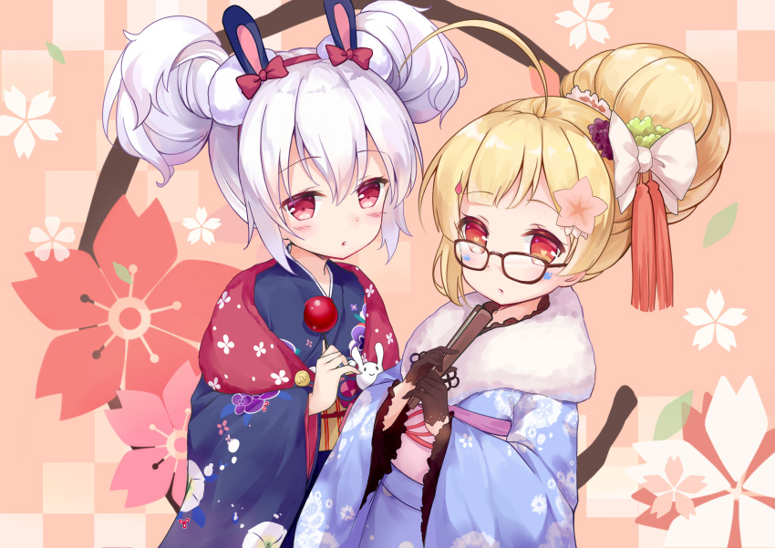 2girls absurdres ahoge alternate_hairstyle animal_ears azur_lane bangs blonde_hair breasts candy_apple cannian_dada double_bun eldridge_(azur_lane) facial_mark fake_animal_ears fan food glasses hair_between_eyes hair_bun hair_ornament hairband hairclip highres japanese_clothes laffey_(azur_lane) multiple_girls new_year parted_lips rabbit_ears red_eyes silver_hair small_breasts