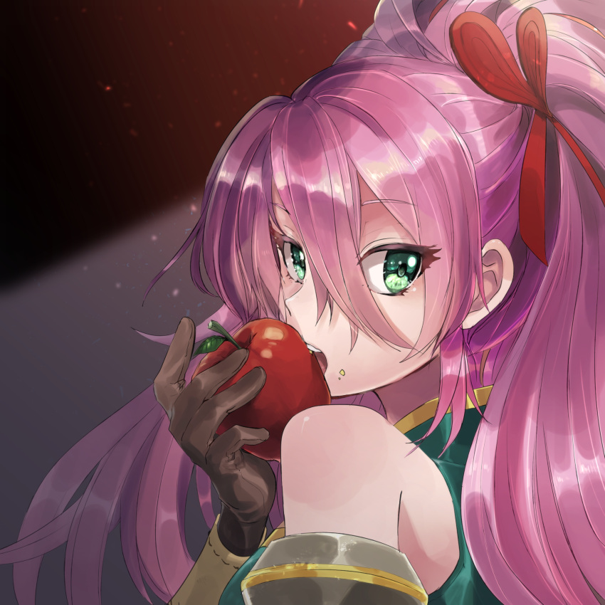 1girl apple bare_shoulders brown_gloves eating face food food_on_face fruit gloves green_eyes green_vest hair_between_eyes hair_ribbon halphas_(megido72) highres long_hair looking_back megido72 o-mit open_mouth pink_hair ponytail red_ribbon ribbon shiny shiny_skin solo vest