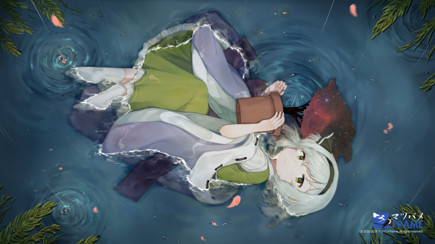 1girl bangs black_hairband detached_sleeves expressionless from_above full_body green_eyes green_skirt green_vest hairband highres holding konpaku_youmu lying no_shoes on_side partially_submerged petals plant pot potted_plant rain ribbon-trimmed_sleeves ribbon_trim ripples short_hair silver_hair skirt skirt_set socks solo touhou useq1067 vest white_legwear wide_sleeves