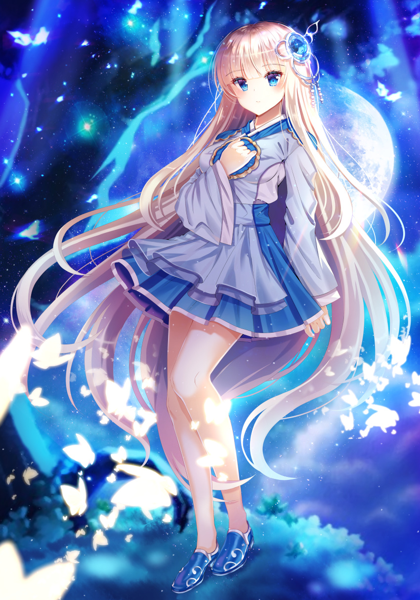 1girl absurdres bangs bare_legs blonde_hair blue_eyes blue_footwear blue_skirt blush breasts bug butterfly closed_mouth commentary commission ecu8080 expressionless eyebrows_visible_through_hair fingernails full_body full_moon hair_between_eyes hair_ornament hand_on_own_chest hand_up head_tilt highres huge_filesize insect light_particles long_hair long_sleeves looking_at_viewer medium_breasts moon original pleated_skirt revision shirt shirt_tucked_in shoes skirt solo standing star_(sky) very_long_hair white_shirt wide_sleeves