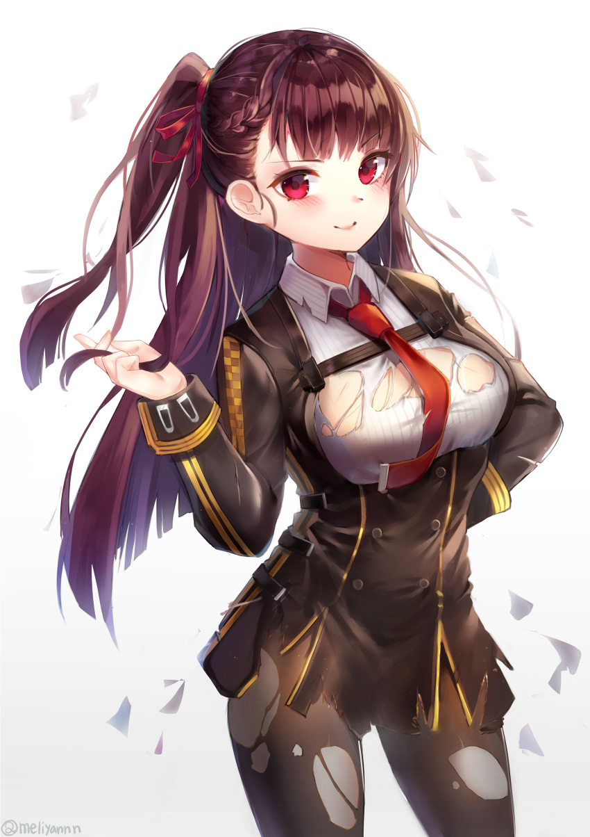 1girl absurdres bangs black_legwear black_skirt blazer blush braid breasts collared_shirt eyebrows_visible_through_hair french_braid girls_frontline gloves grey_background hair_ribbon half_updo hand_on_hip hand_up high-waist_skirt highres jacket large_breasts long_hair long_sleeves looking_at_viewer meliyannn necktie one_side_up pantyhose pelvic_curtain purple_hair red_eyes red_neckwear red_ribbon ribbon shirt simple_background skirt solo striped striped_shirt torn_clothes twitter_username very_long_hair wa2000_(girls_frontline) white_background