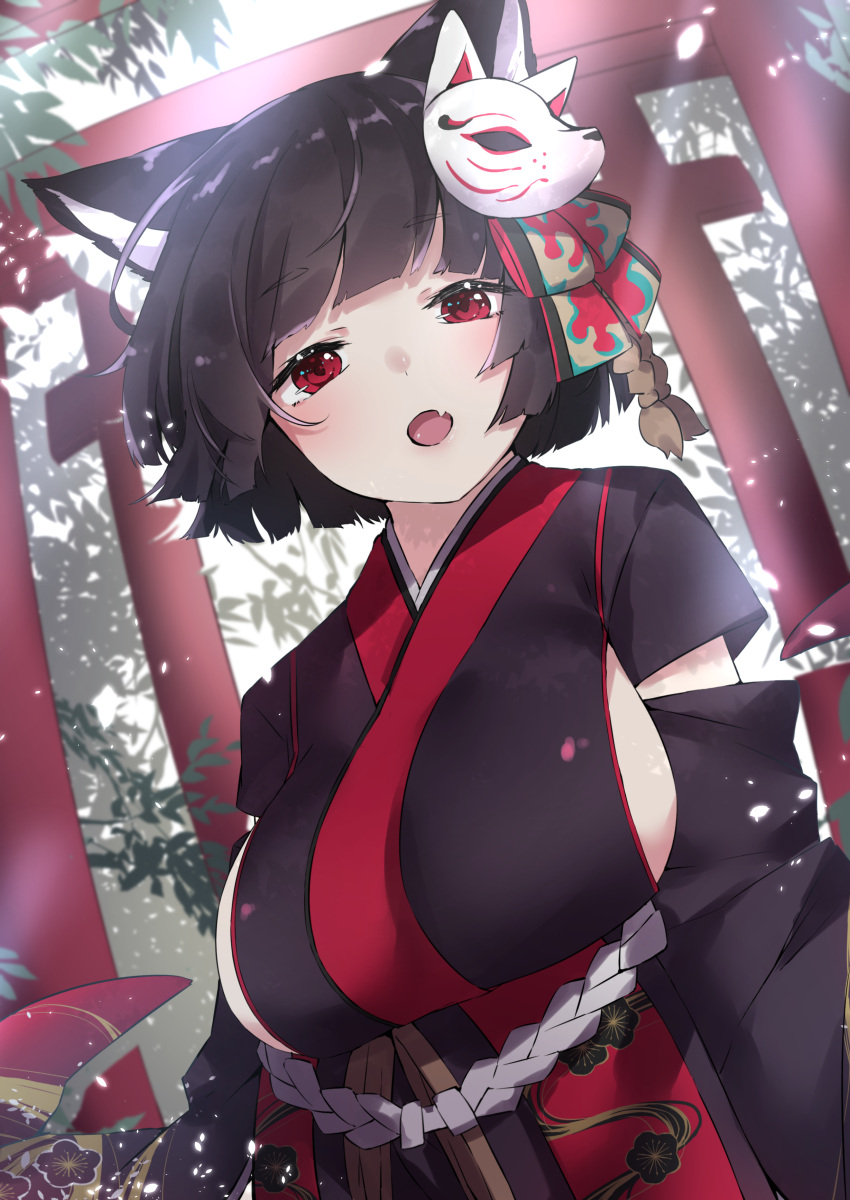 1girl :o absurdres animal_ears azur_lane bangs black_kimono blunt_bangs breasts cat_ears cat_mask commentary_request cotton_kanzaki eyebrows_visible_through_hair fang highres japanese_clothes kimono large_breasts looking_at_viewer mask mask_on_head outdoors red_eyes short_hair sideboob solo torii yamashiro_(azur_lane)